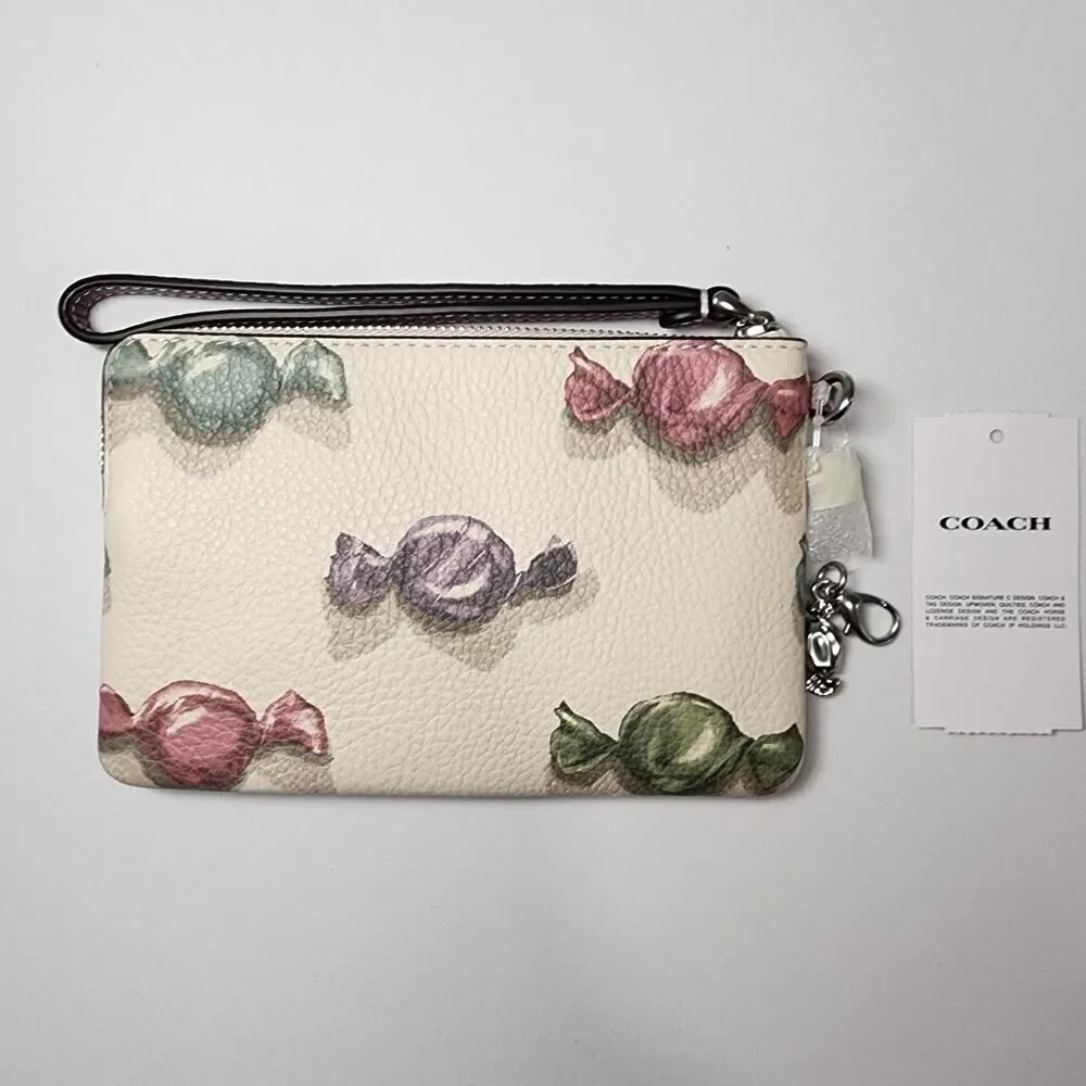 NWT COACH CDF34 Corner Zip Wristlet With Candy Print And Charm Chalk/Jasmine - Picture 5 of 5